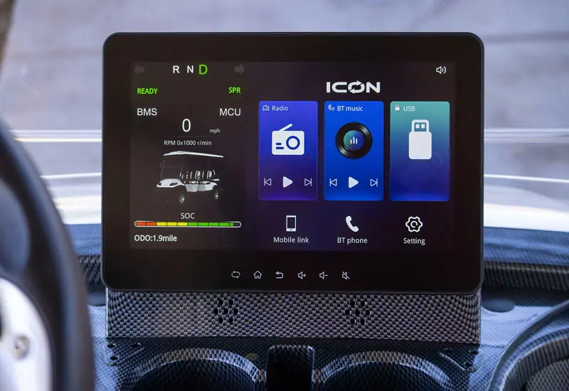 Bluetooth-ready dash screen showing speed, battery and media controls